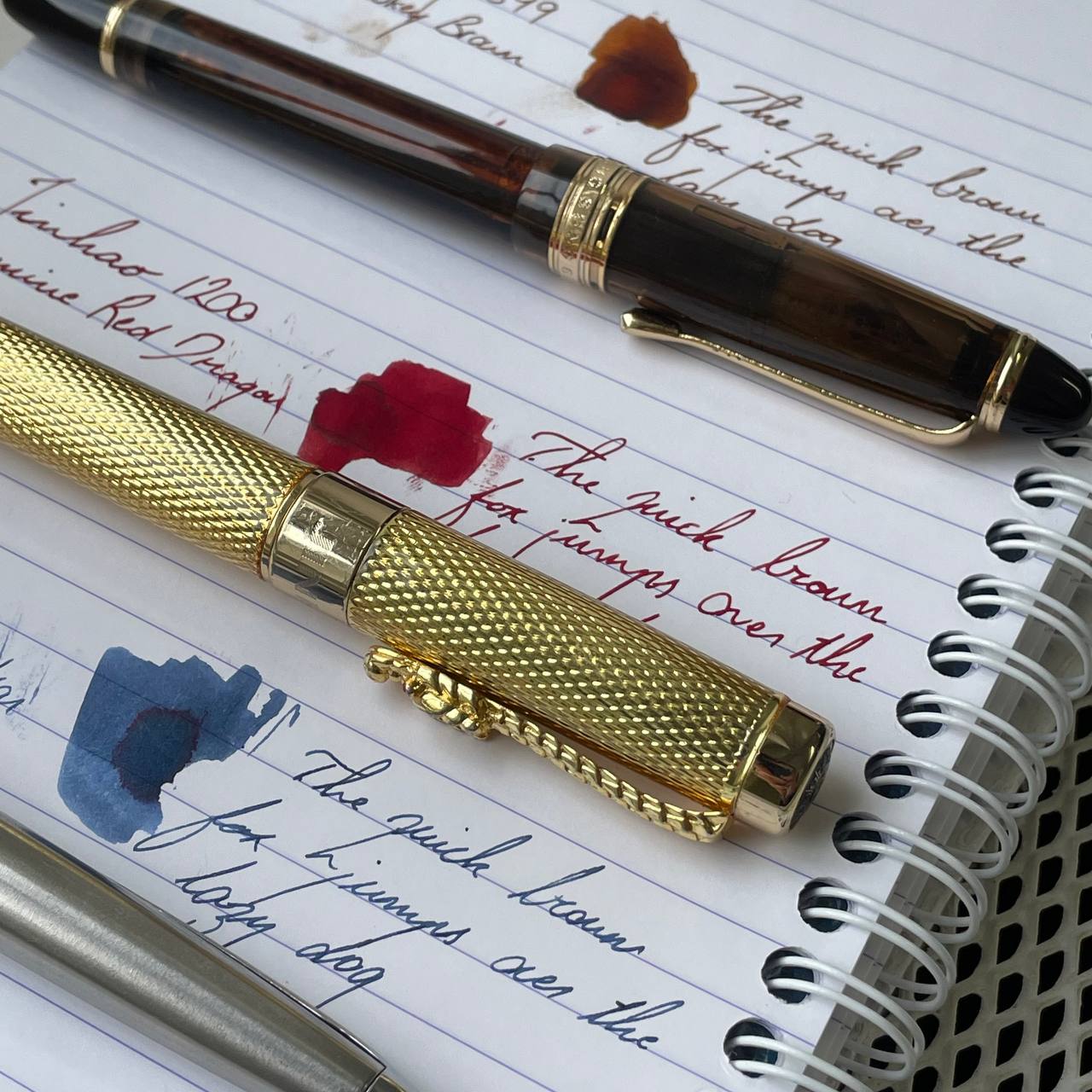 Jinhao 1200 inked with Diamine Red Dragon, Wingsung 699 inked with KWZ Newkey Brown because Newcastle won the EFL Pilot Myu inked with Iroshizuku Shin-kai 